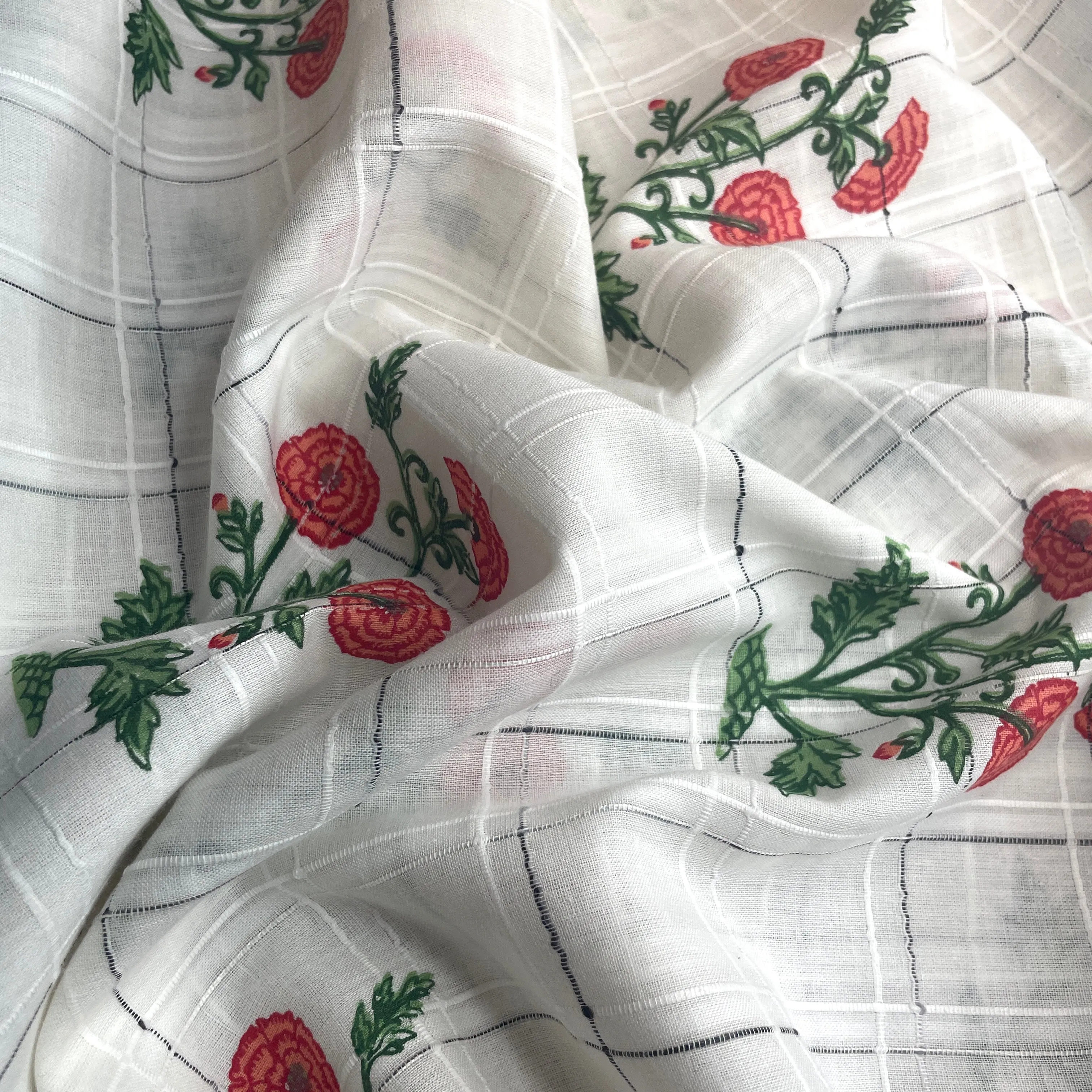 Premium Cotton White Red Flower Embroidary Fabric