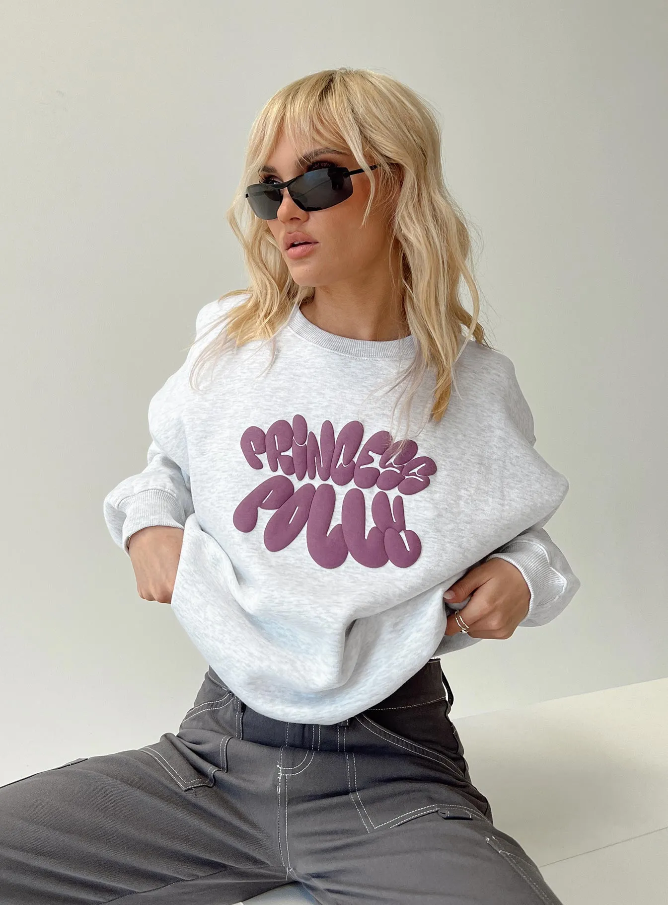 Princess Polly Crew Neck Sweatshirt Bubble Text Grey Marle / Burgundy