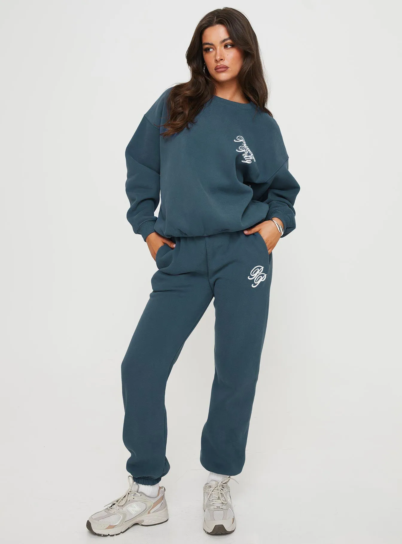 Princess Polly Crew Neck Sweatshirt Cursive Text Navy / White