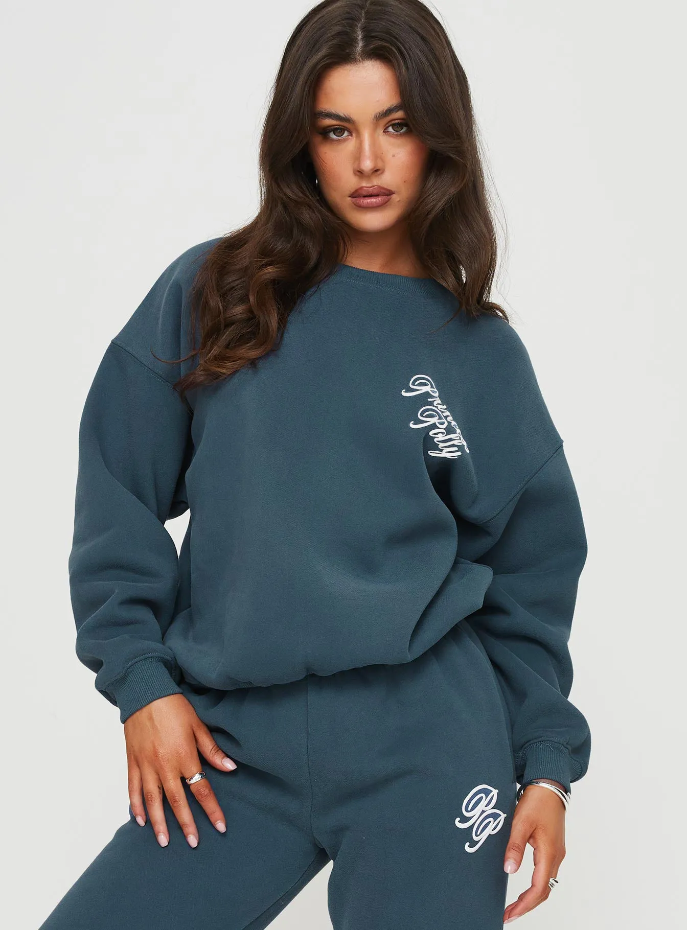 Princess Polly Crew Neck Sweatshirt Cursive Text Navy / White