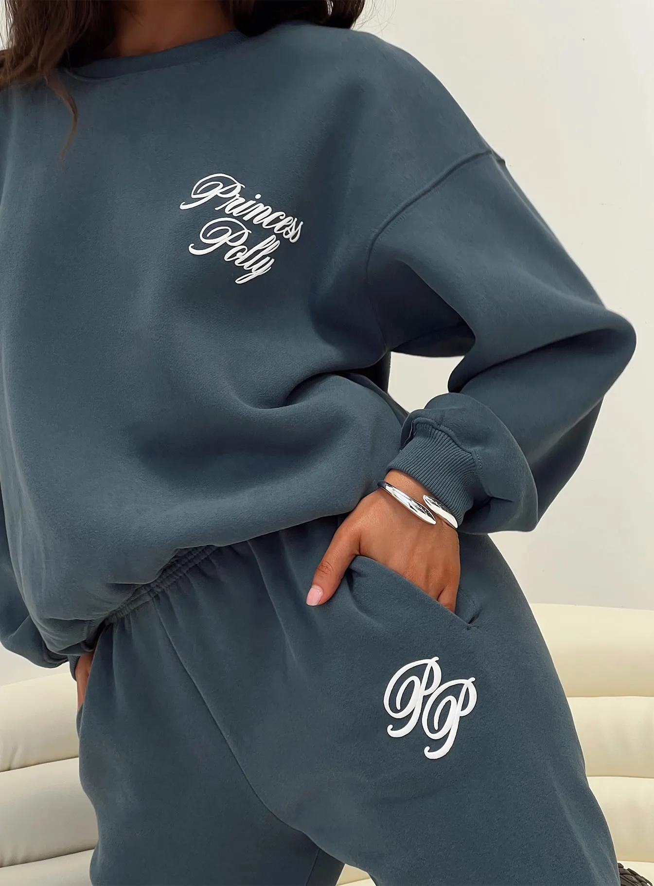 Princess Polly Crew Neck Sweatshirt Cursive Text Navy / White