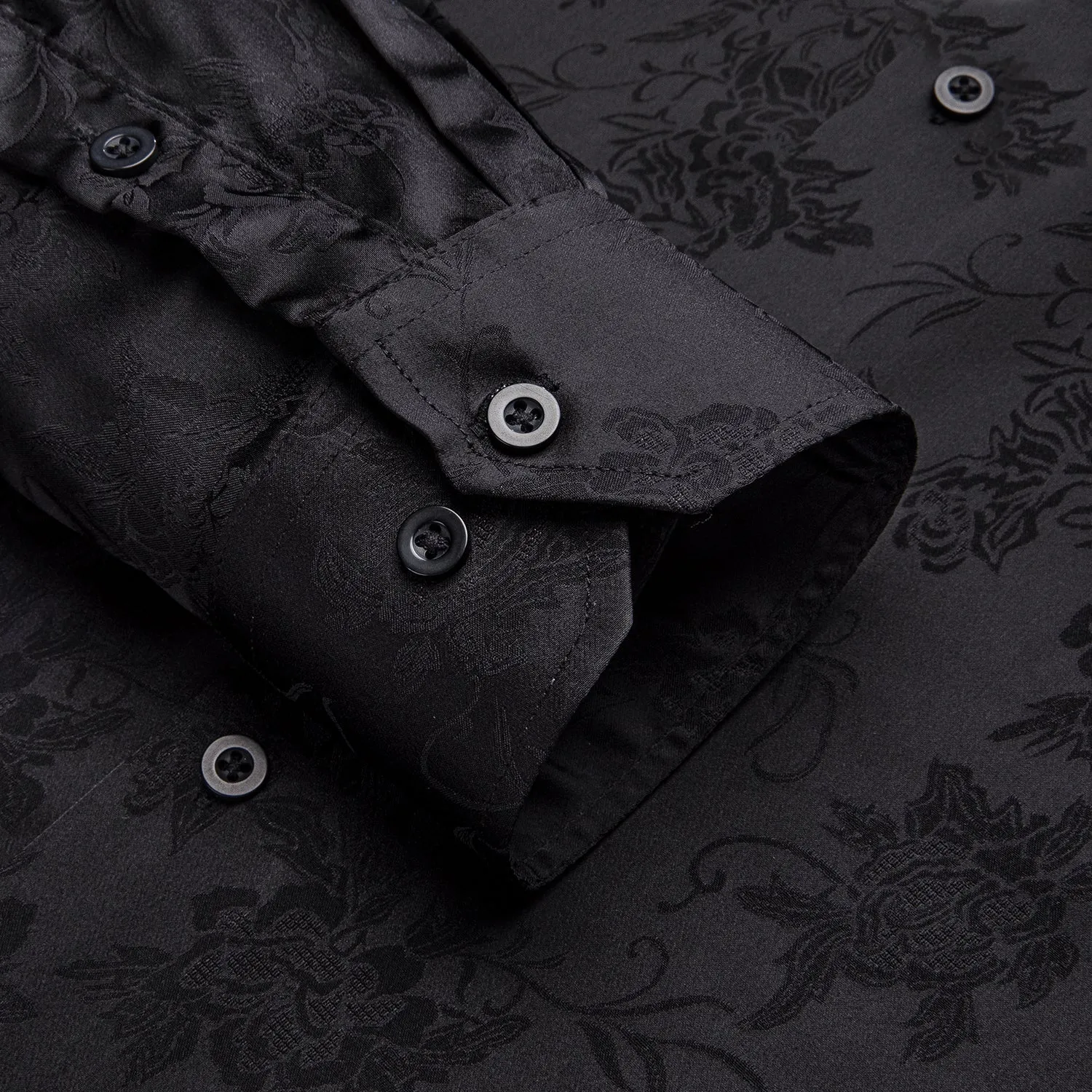 Pure Black Paisley Silk Men's Long Sleeve Shirt