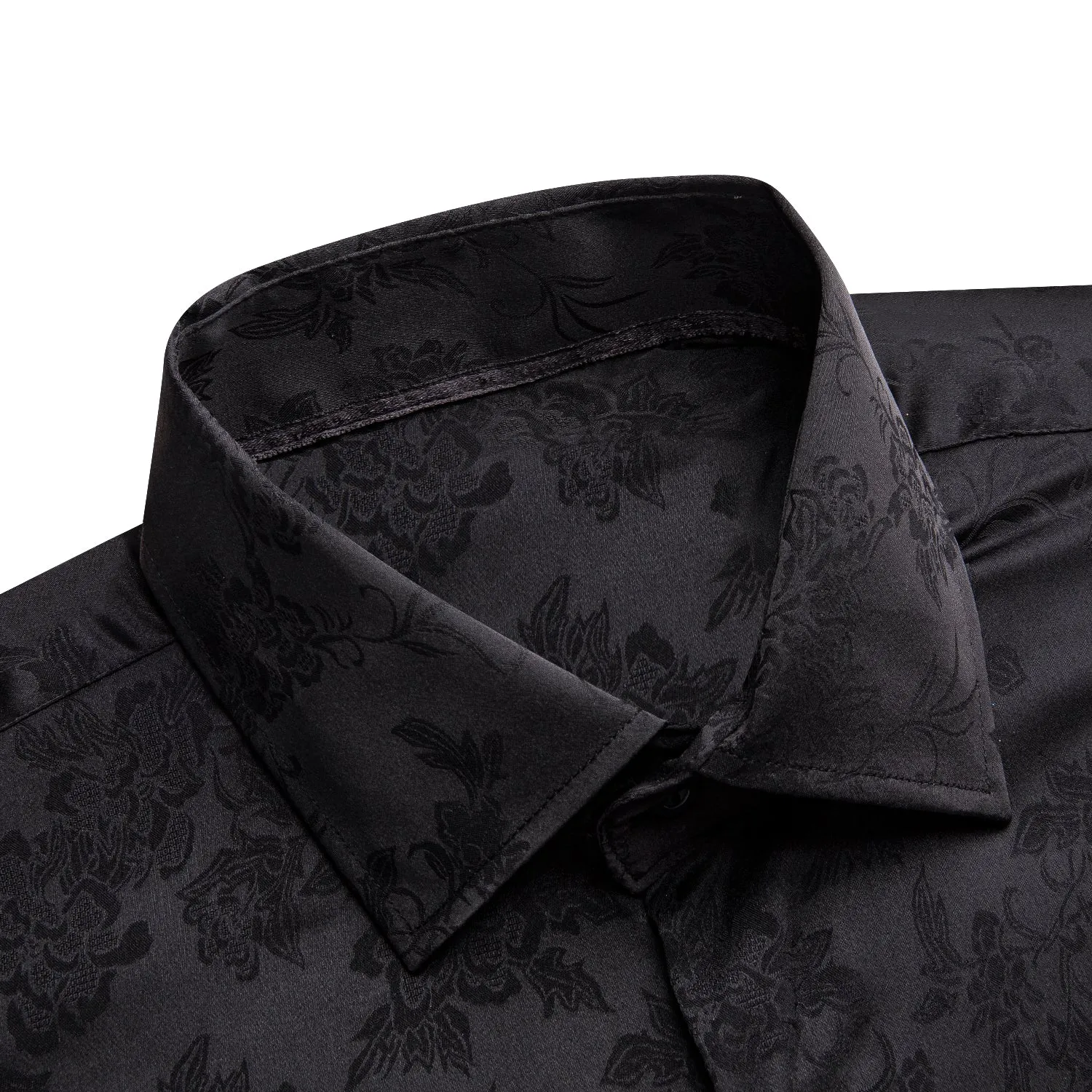 Pure Black Paisley Silk Men's Long Sleeve Shirt