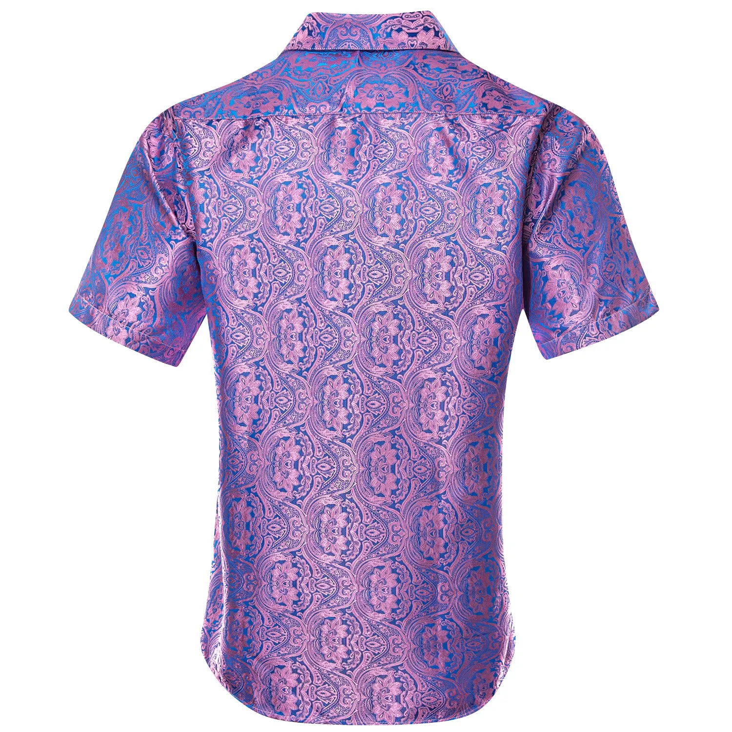 Purple Blue Paisley Silk Men Short Sleeve Shirt