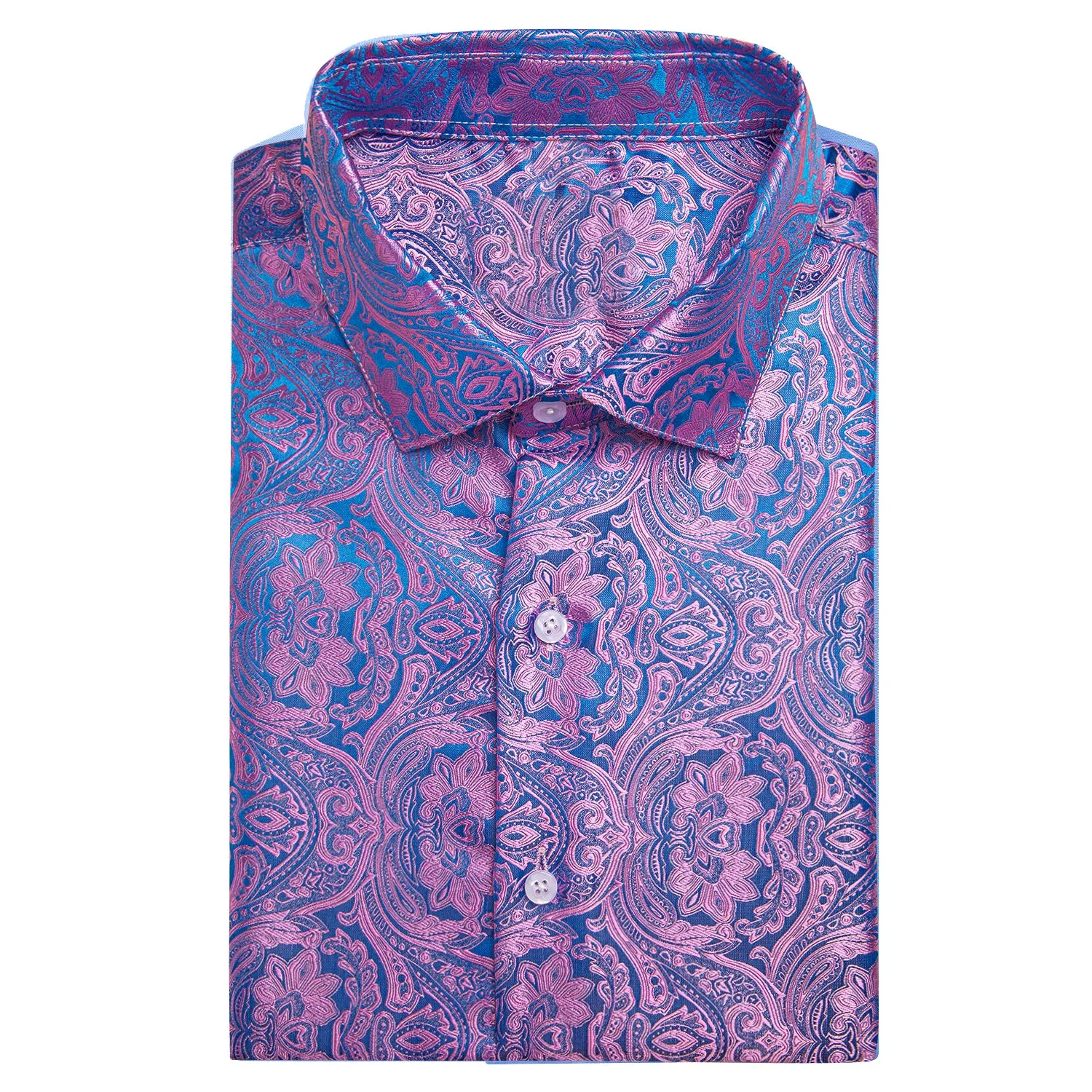 Purple Blue Paisley Silk Men Short Sleeve Shirt