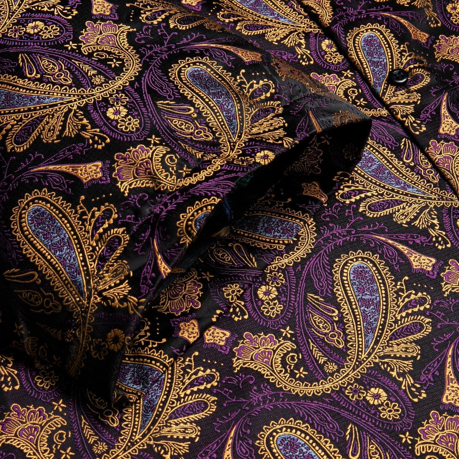 Purple Golden Paisley Silk Men's Short Sleeve Shirt