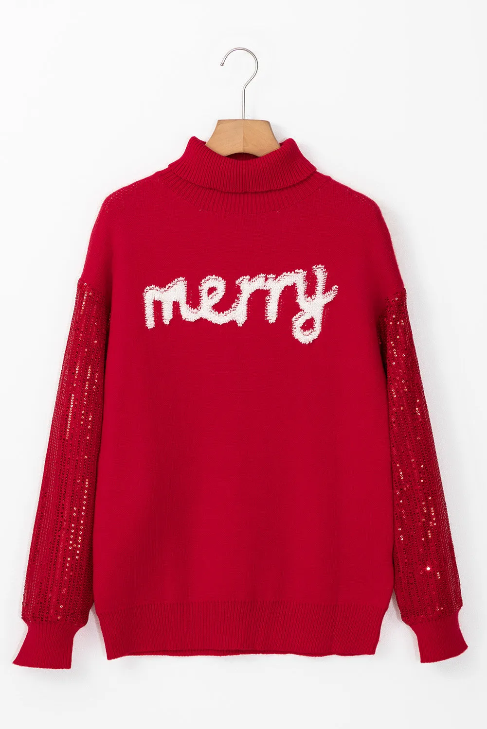 Racing Red Merry Graphic Sequin Sleeve Turtleneck Sweater