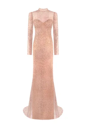 Radiant long-sleeved maxi dress in rose gold