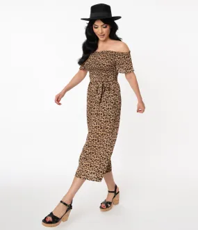 Retro Style Leopard Print Off Shoulder Jumpsuit