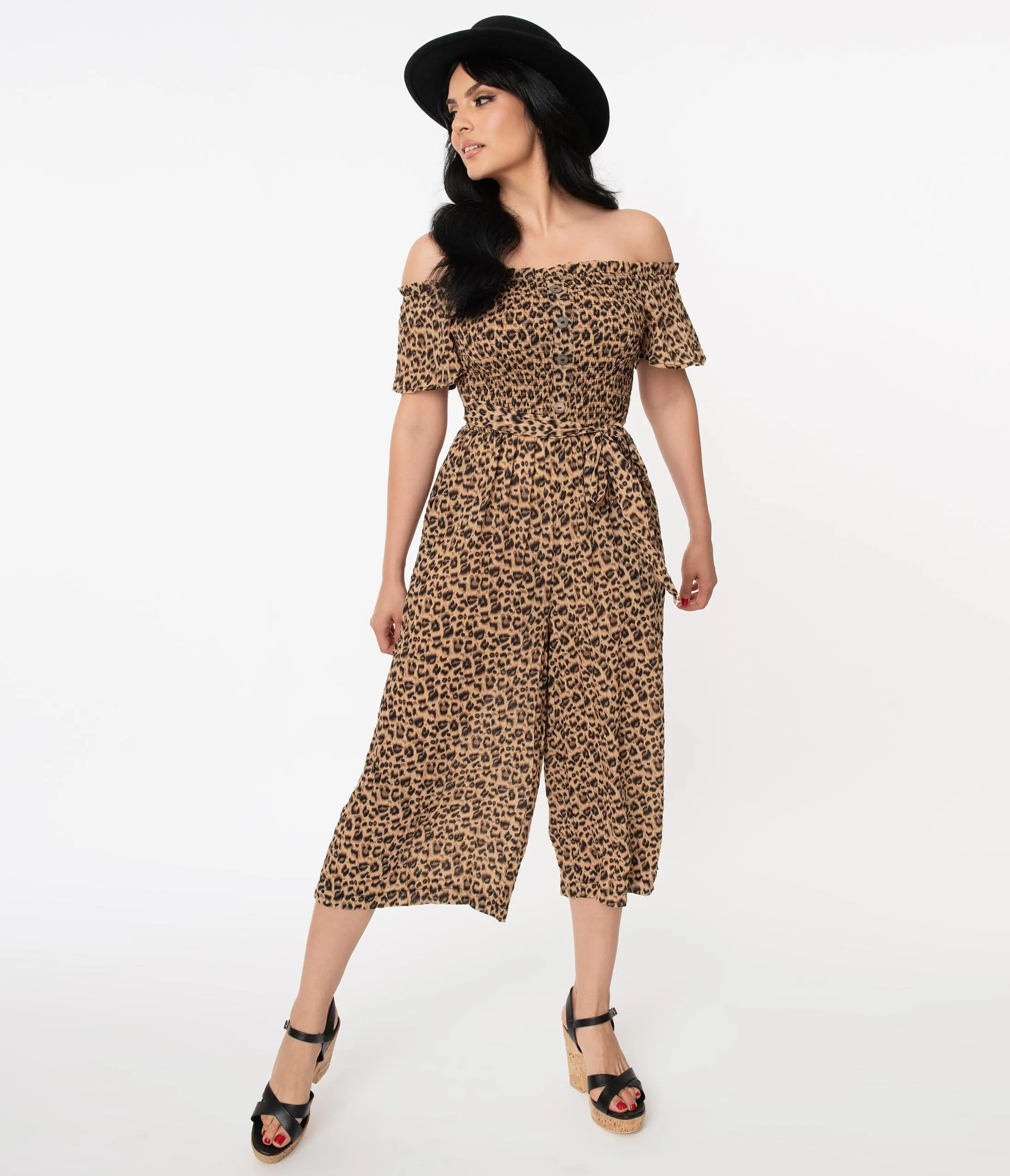 Retro Style Leopard Print Off Shoulder Jumpsuit