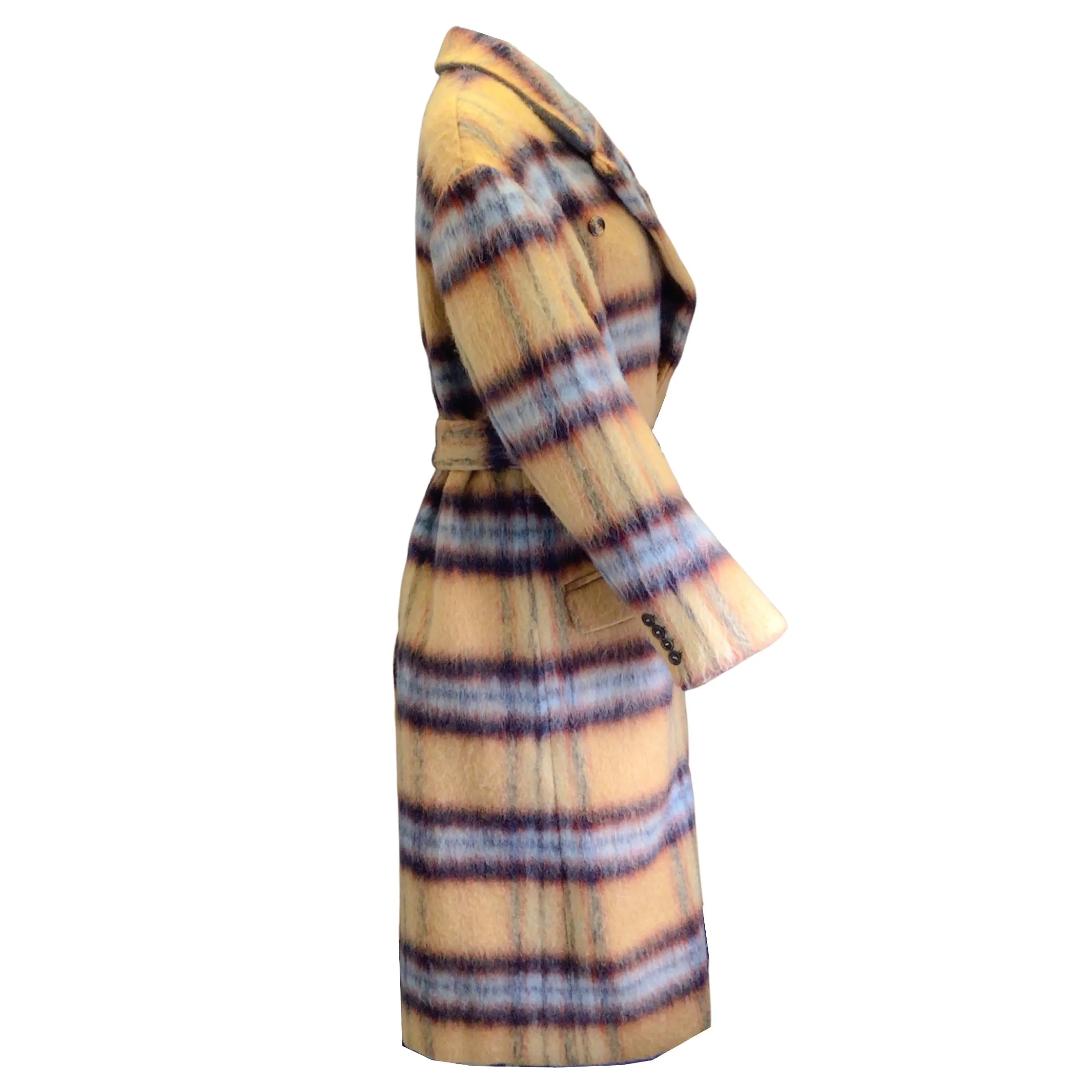 Rokh Mustard Yellow / Blue Multi Plaid Pattern Wool Trench Coat