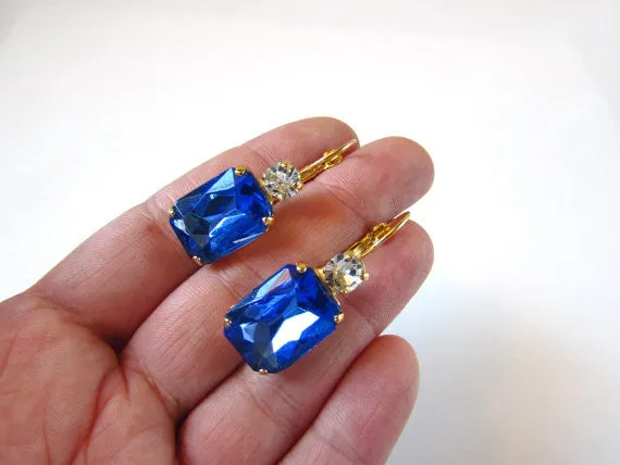 Royal Blue Crystal Earrings - Large Octagon 2 stone