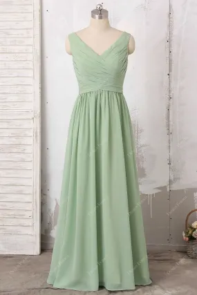 Sage Green Chiffon Pleated V-neck Sleeveless Floor Length Dress