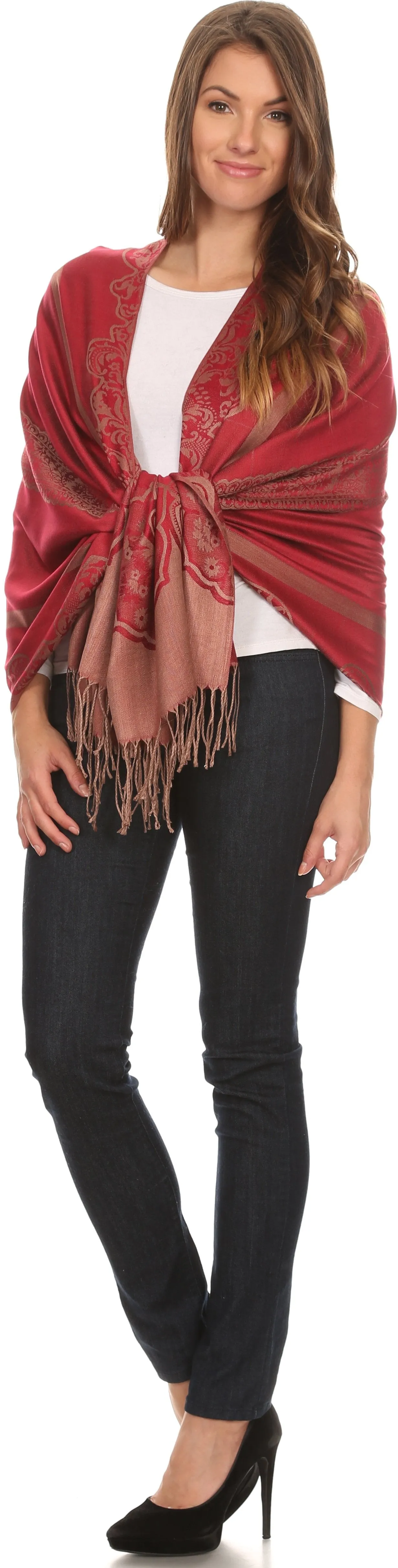 Sakkas Maela Long Extra Wide Traditional Patterned Fringe Pashmina Shawl / Scarve