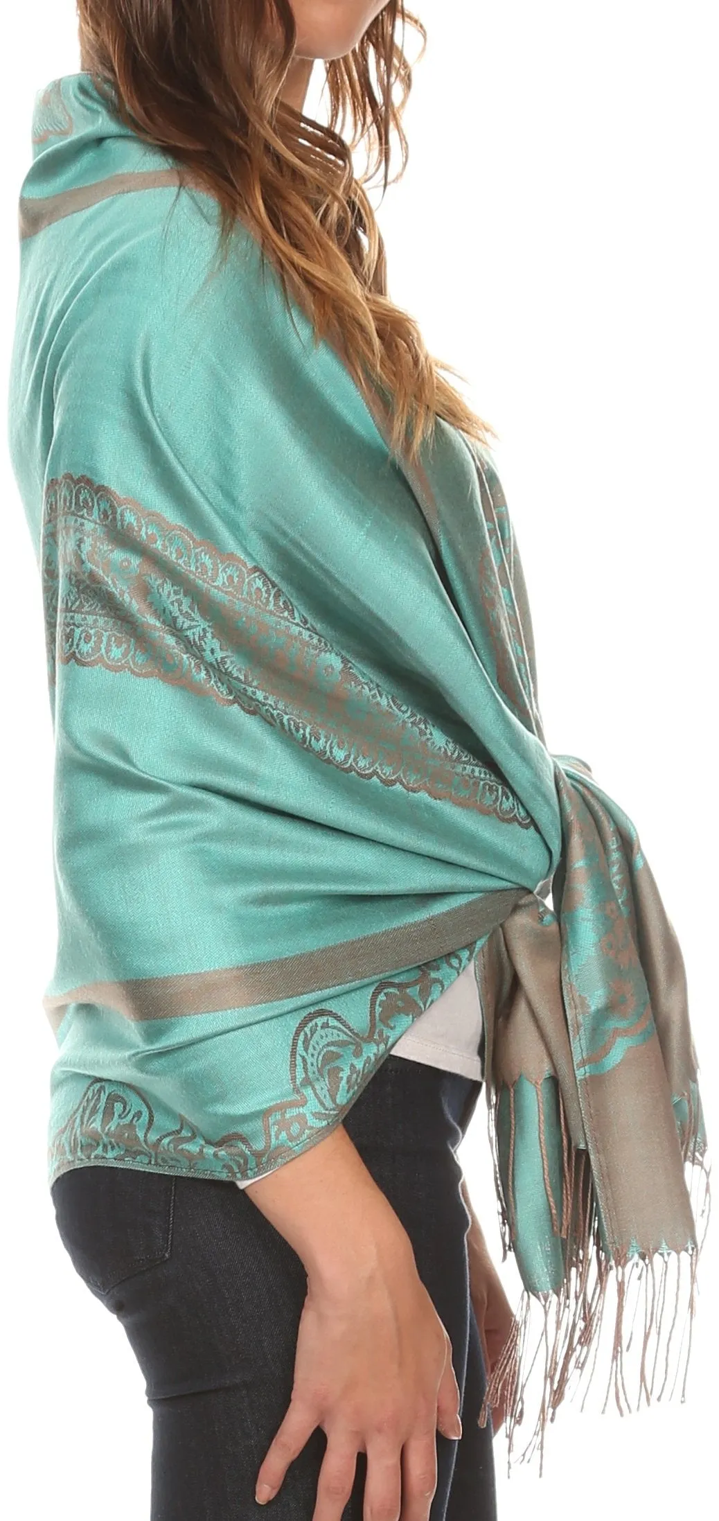 Sakkas Maela Long Extra Wide Traditional Patterned Fringe Pashmina Shawl / Scarve