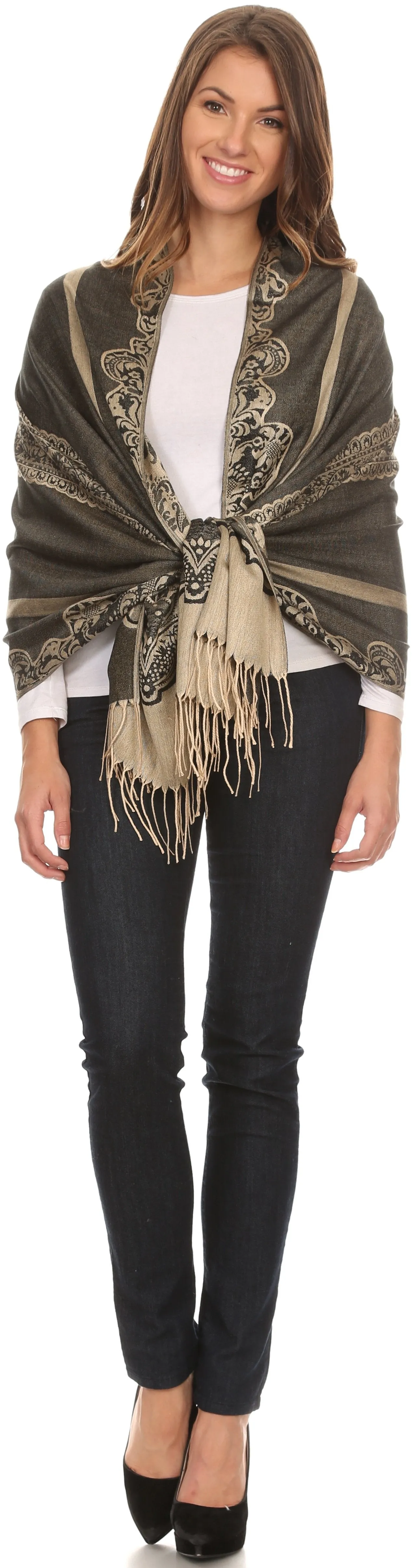 Sakkas Maela Long Extra Wide Traditional Patterned Fringe Pashmina Shawl / Scarve