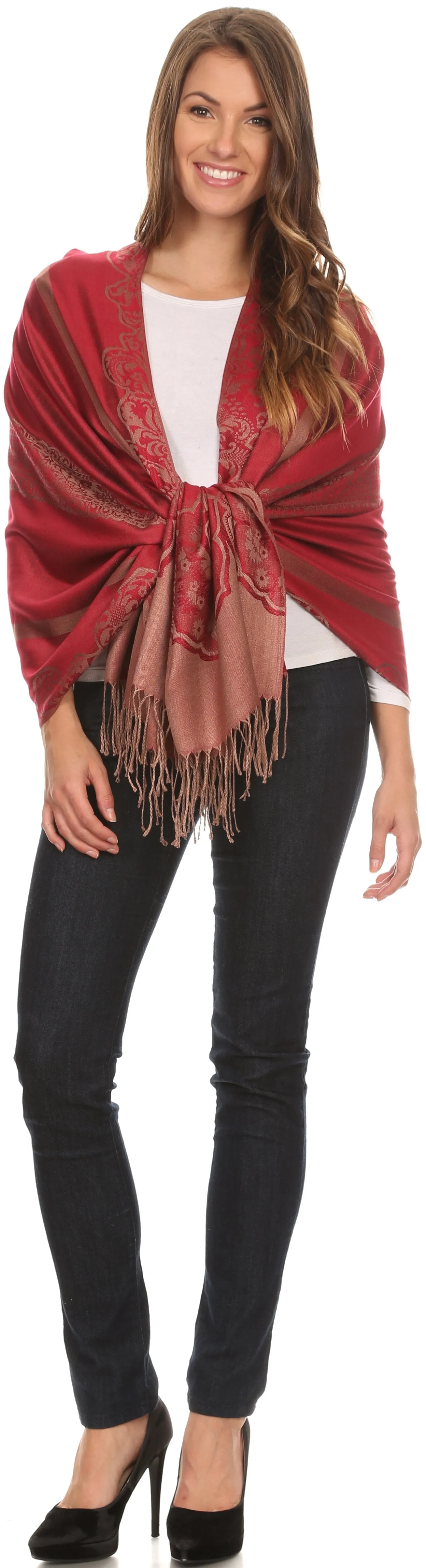 Sakkas Maela Long Extra Wide Traditional Patterned Fringe Pashmina Shawl / Scarve