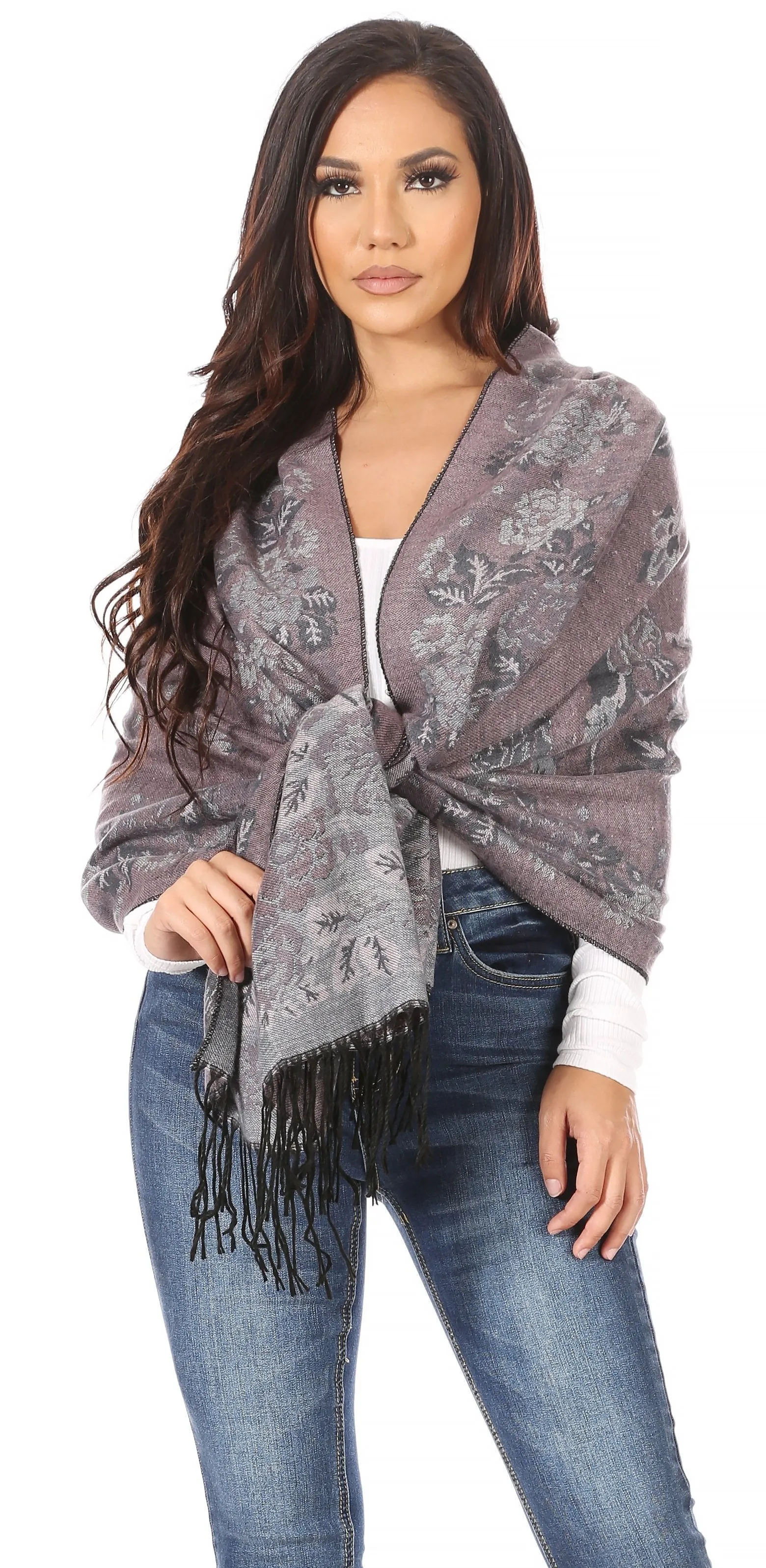 Sakkas Ontario double layer floral Pashmina/ Shawl/ Wrap/ Stole with fringe