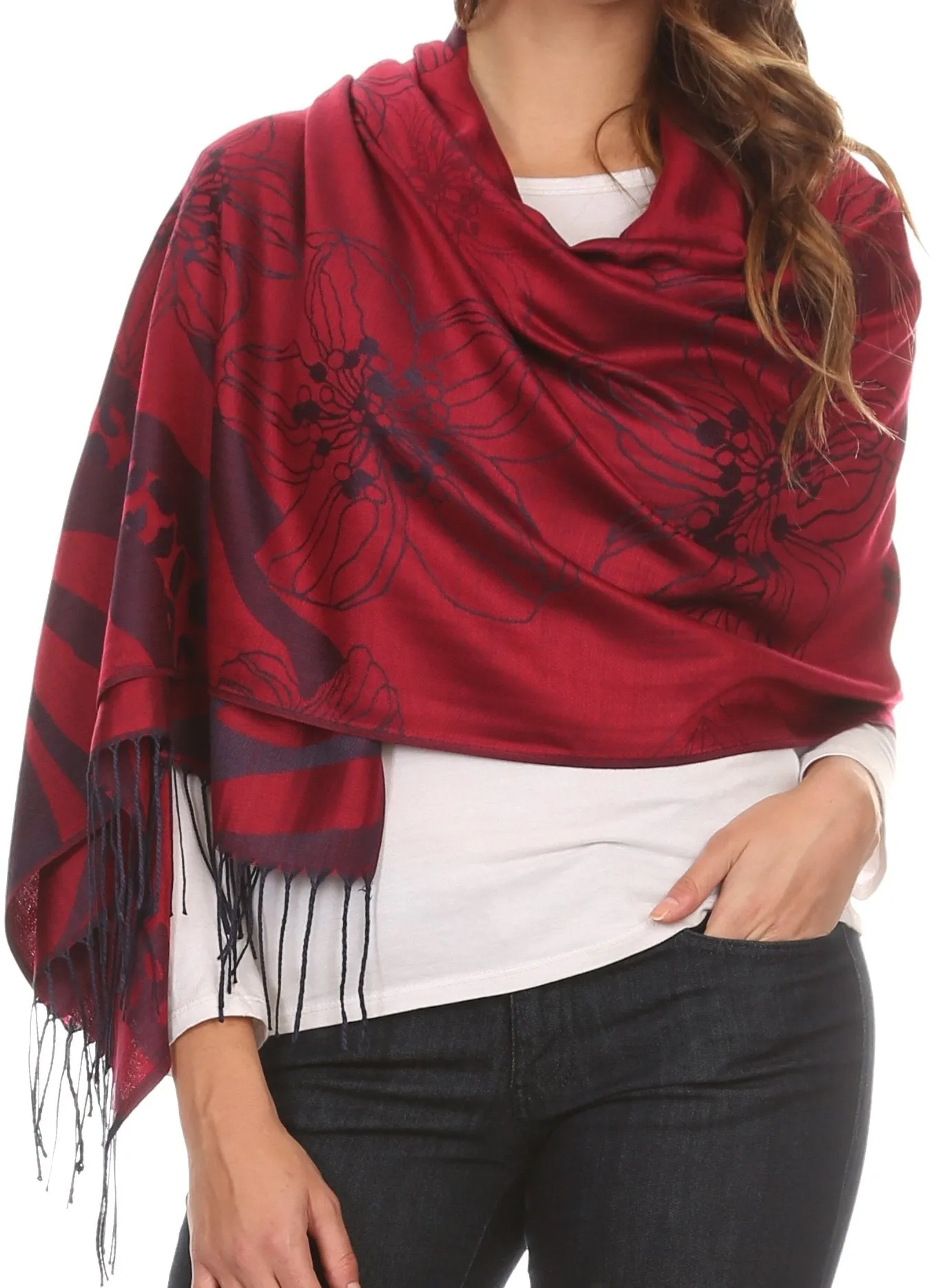 Sakkas Reiley Long Wide Floral Printed Patterened Fringe Pashmina Shawl / Scarf