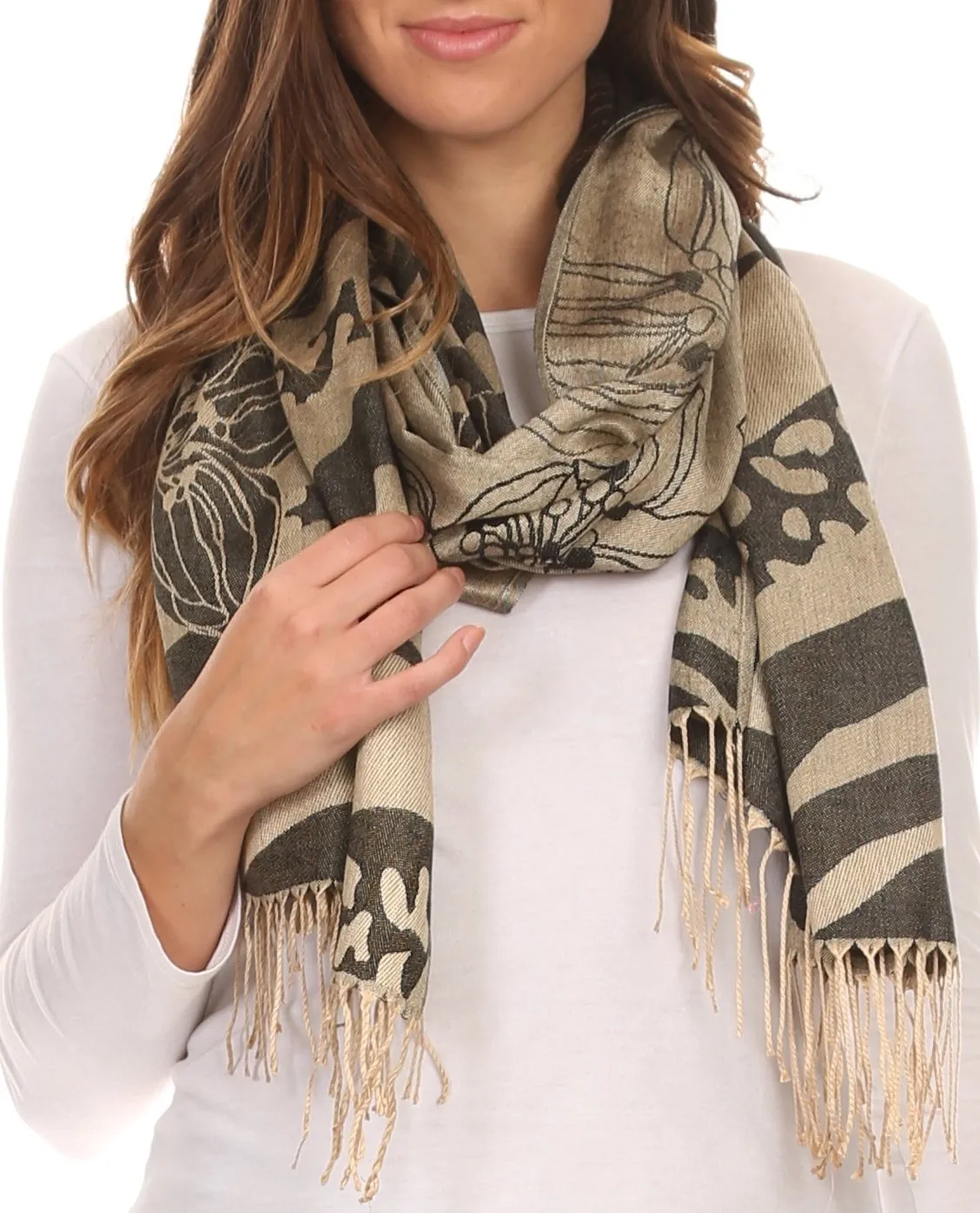 Sakkas Reiley Long Wide Floral Printed Patterened Fringe Pashmina Shawl / Scarf