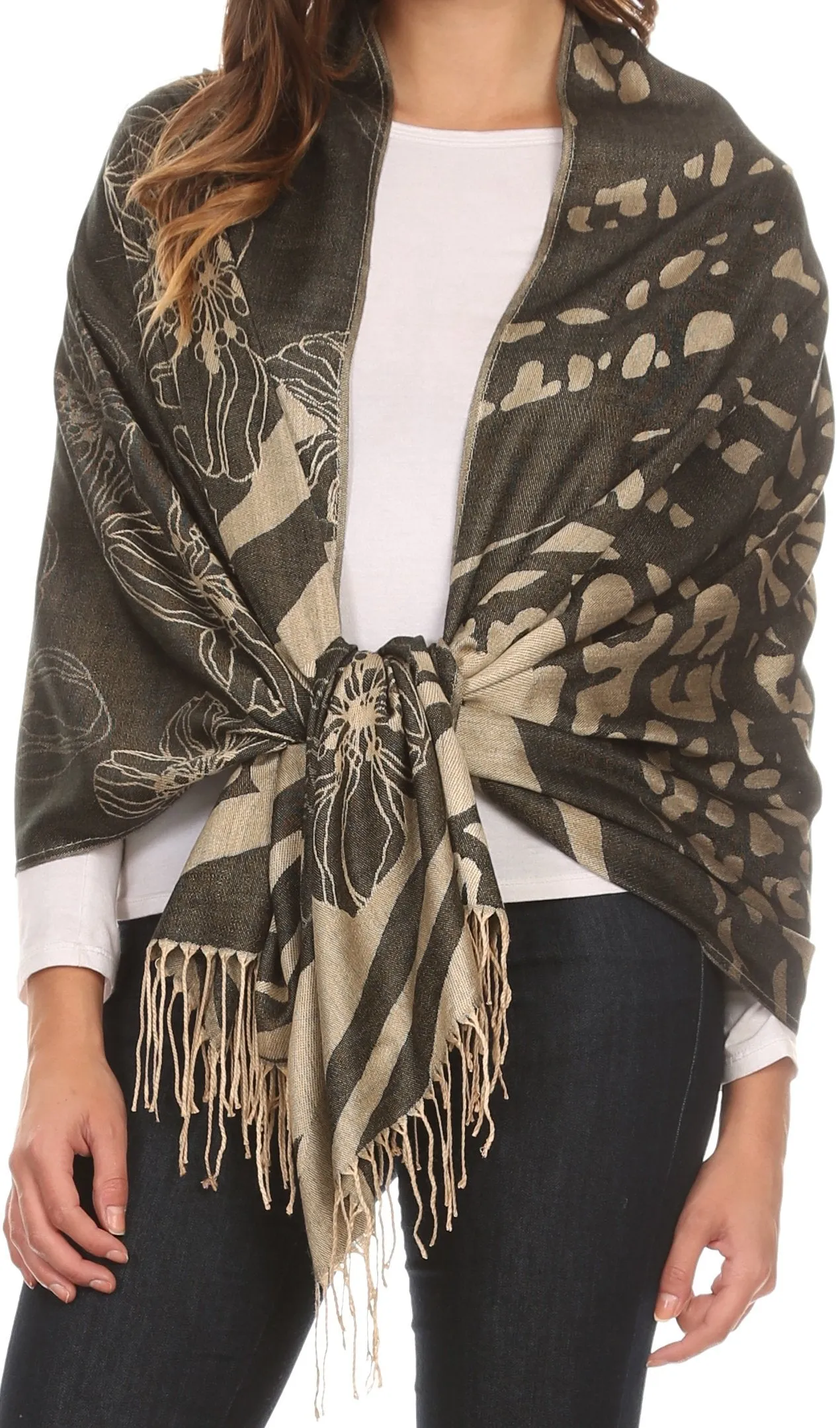 Sakkas Reiley Long Wide Floral Printed Patterened Fringe Pashmina Shawl / Scarf