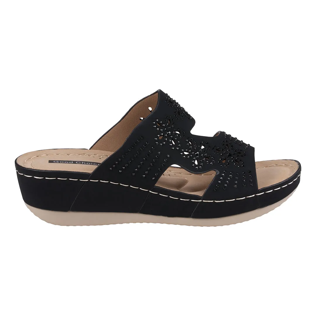 Santiago Black Perforated Studded Wedge Sandals