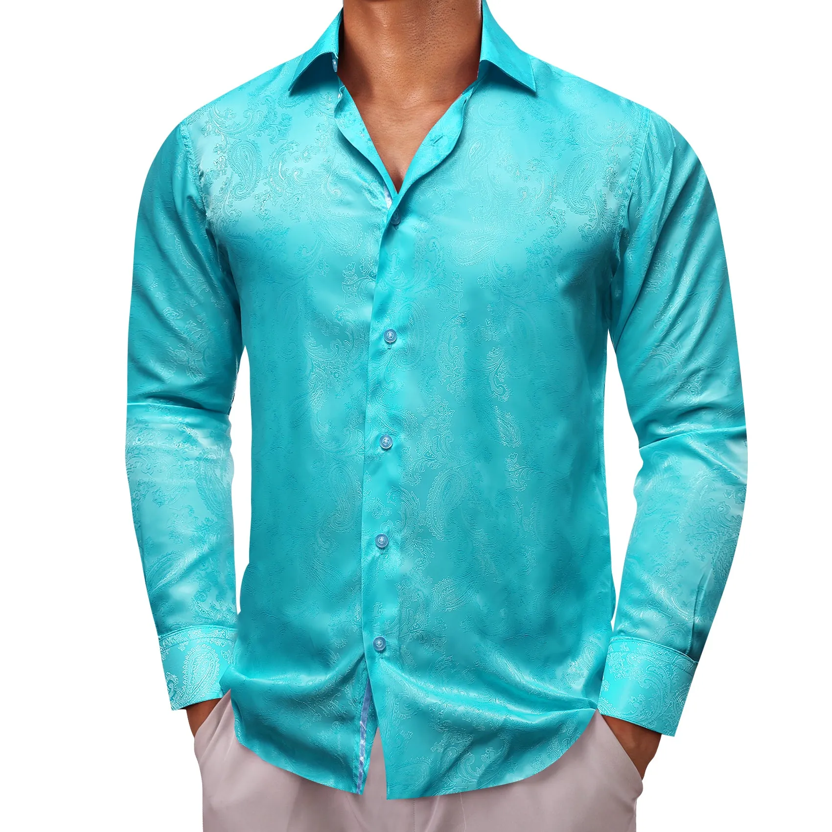 Scuba Blue Paisley Style Casual Silk Men's Long Sleeve Button Shirt