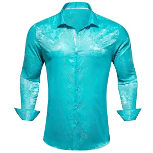 Scuba Blue Paisley Style Casual Silk Men's Long Sleeve Button Shirt