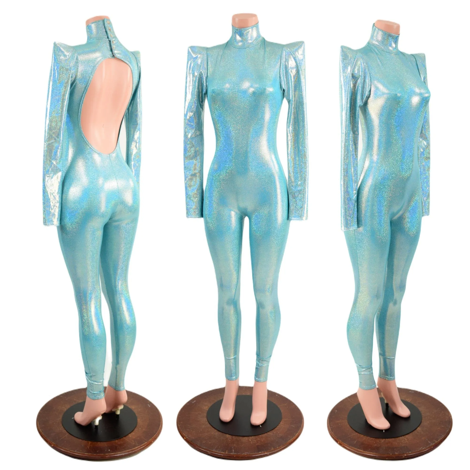 Seafoam Backless Catsuit with Sharp Shoulder Sleeves