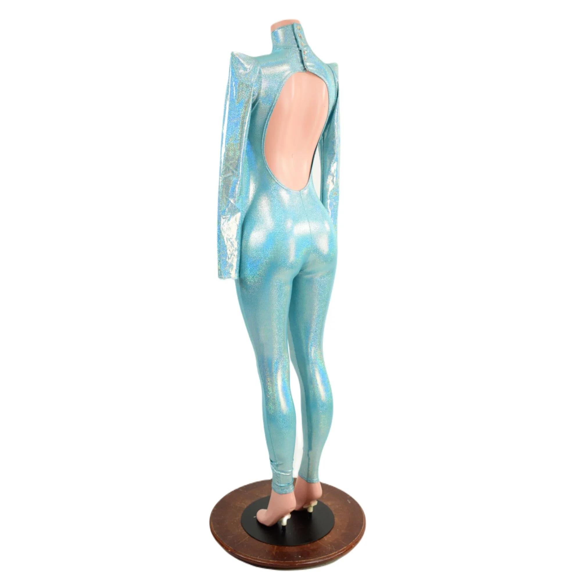 Seafoam Backless Catsuit with Sharp Shoulder Sleeves