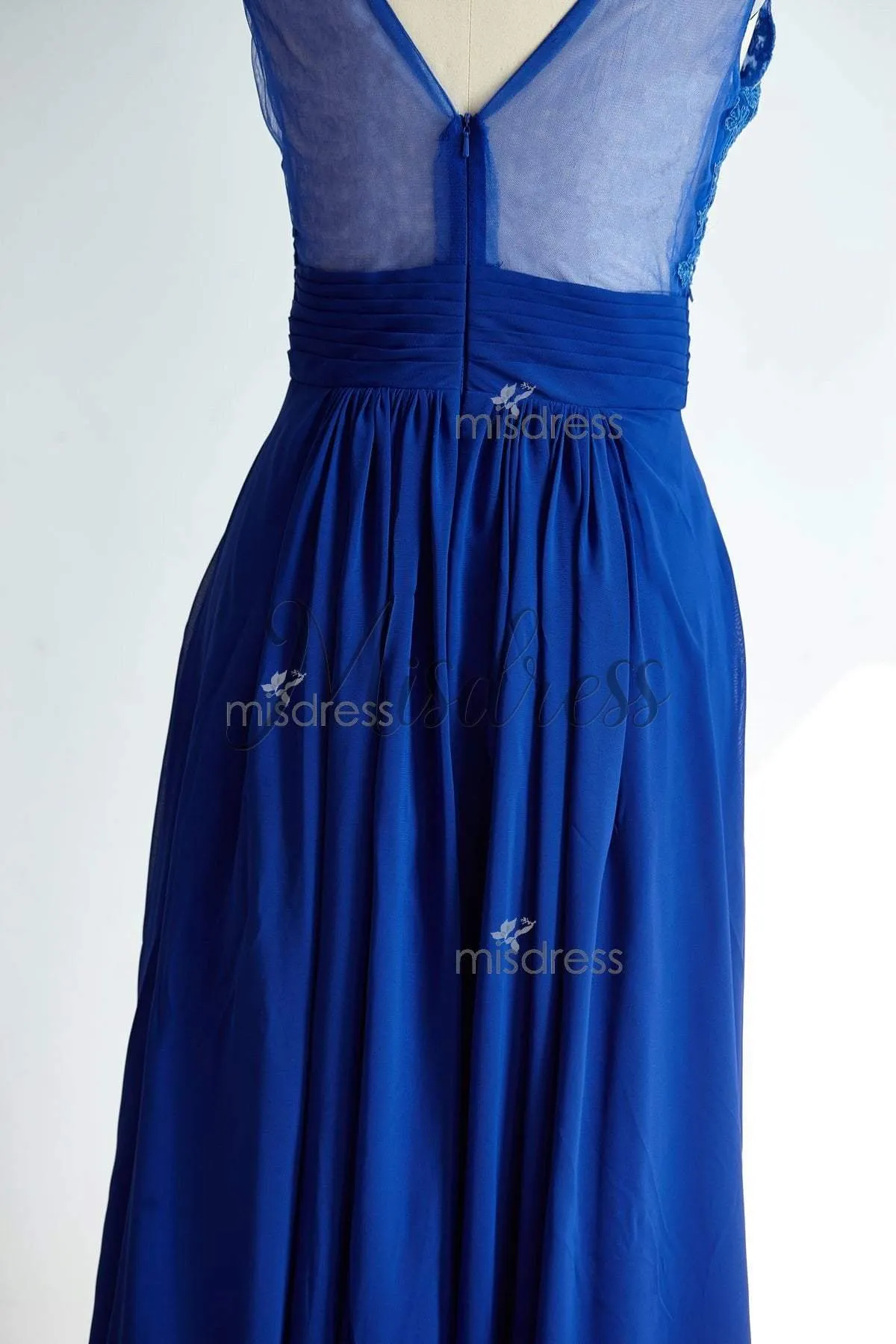 See Though Sexy V Neckline Royal Blue Lace Chiffon Bridesmaid Dress