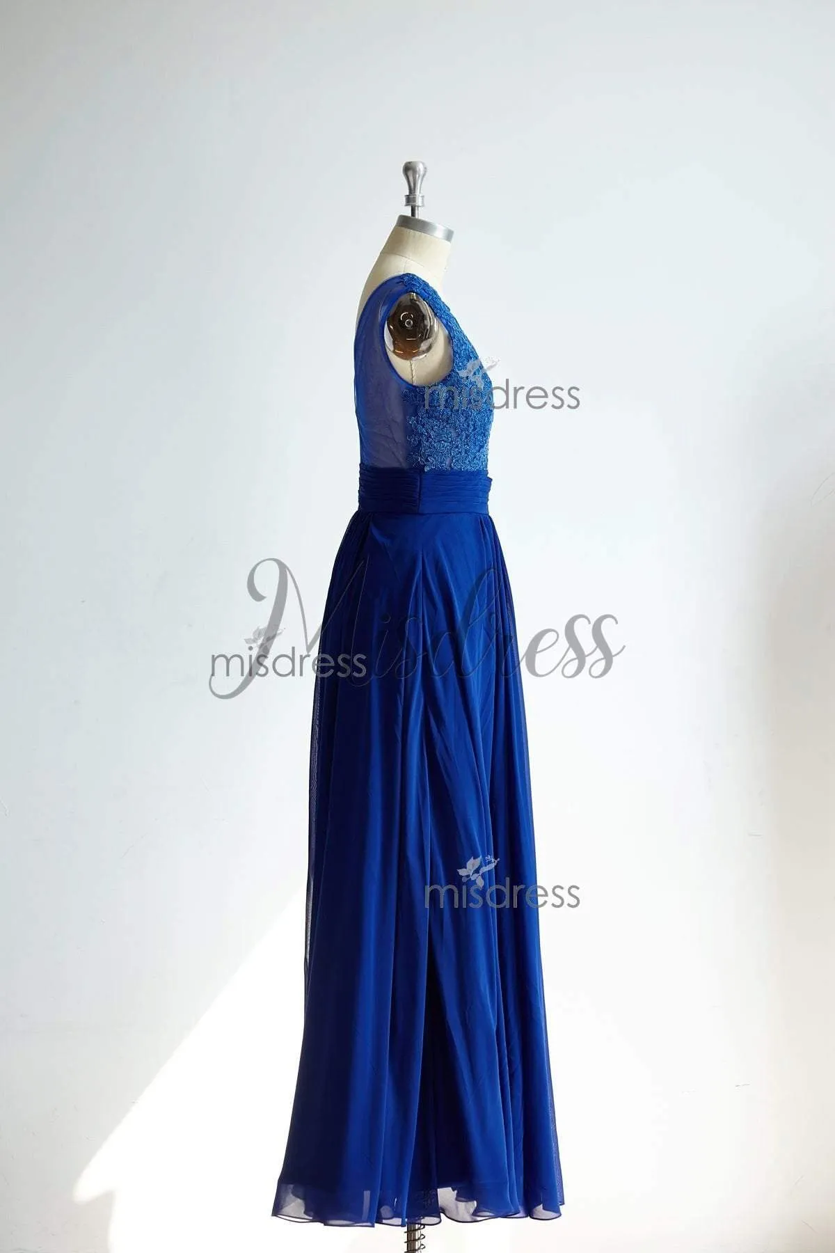 See Though Sexy V Neckline Royal Blue Lace Chiffon Bridesmaid Dress