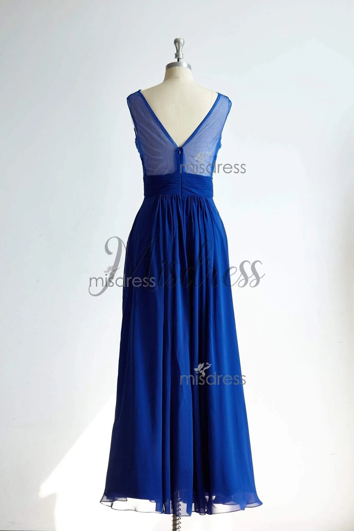 See Though Sexy V Neckline Royal Blue Lace Chiffon Bridesmaid Dress