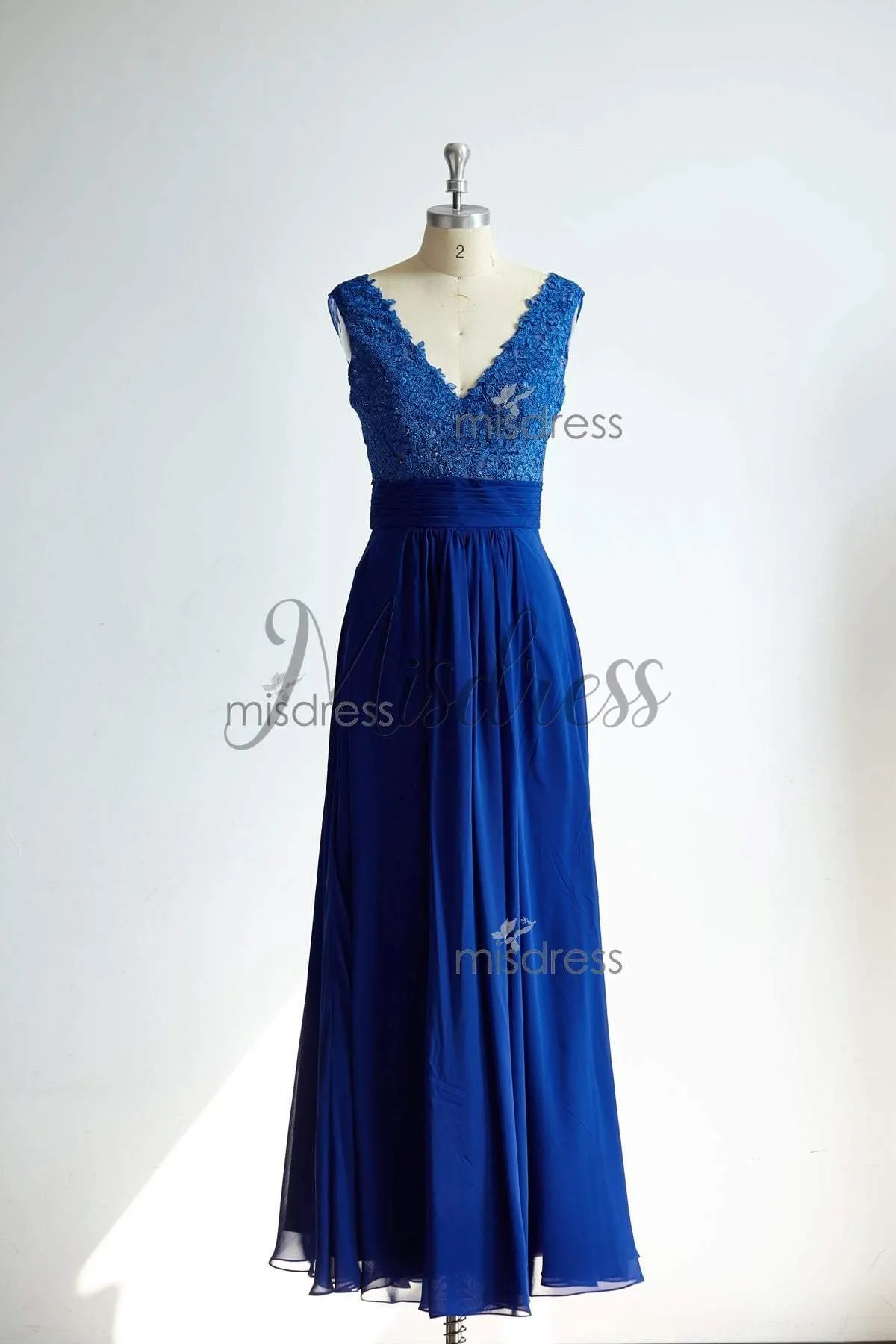 See Though Sexy V Neckline Royal Blue Lace Chiffon Bridesmaid Dress