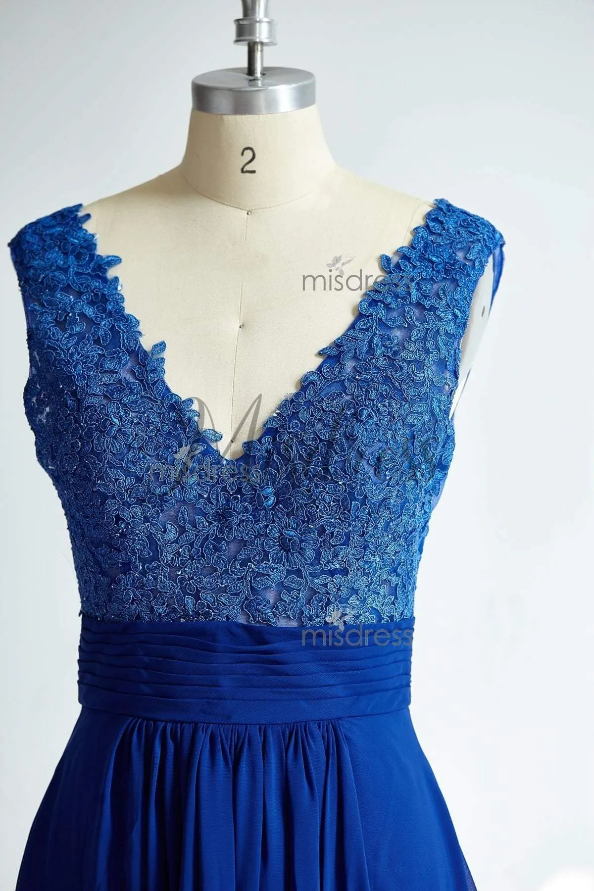 See Though Sexy V Neckline Royal Blue Lace Chiffon Bridesmaid Dress