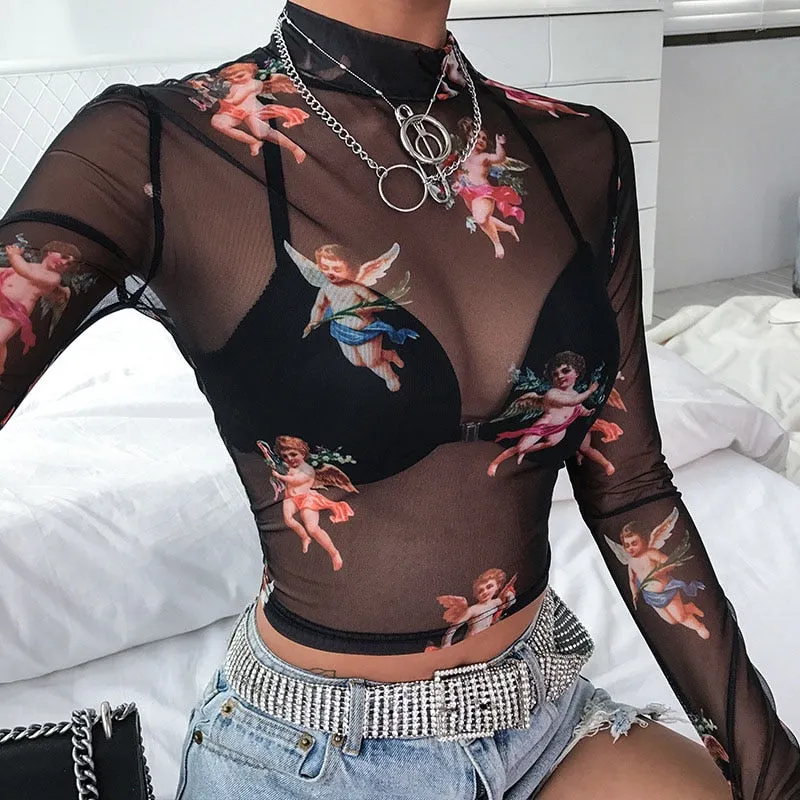 Sexy See-Through Sheer Mesh Turtleneck Tops with Sleeves