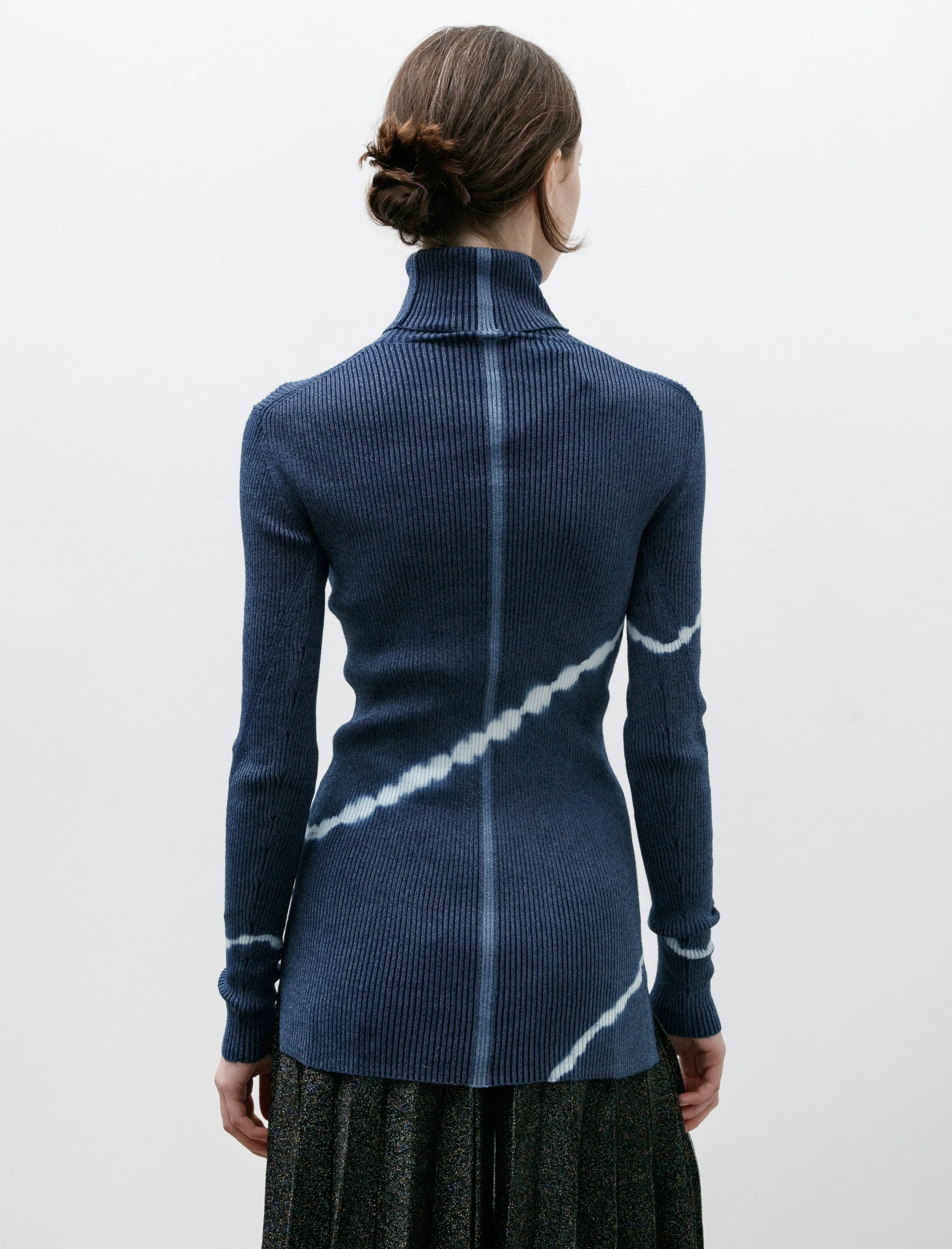 Shibori Ribbed Knit Turtleneck Indigo