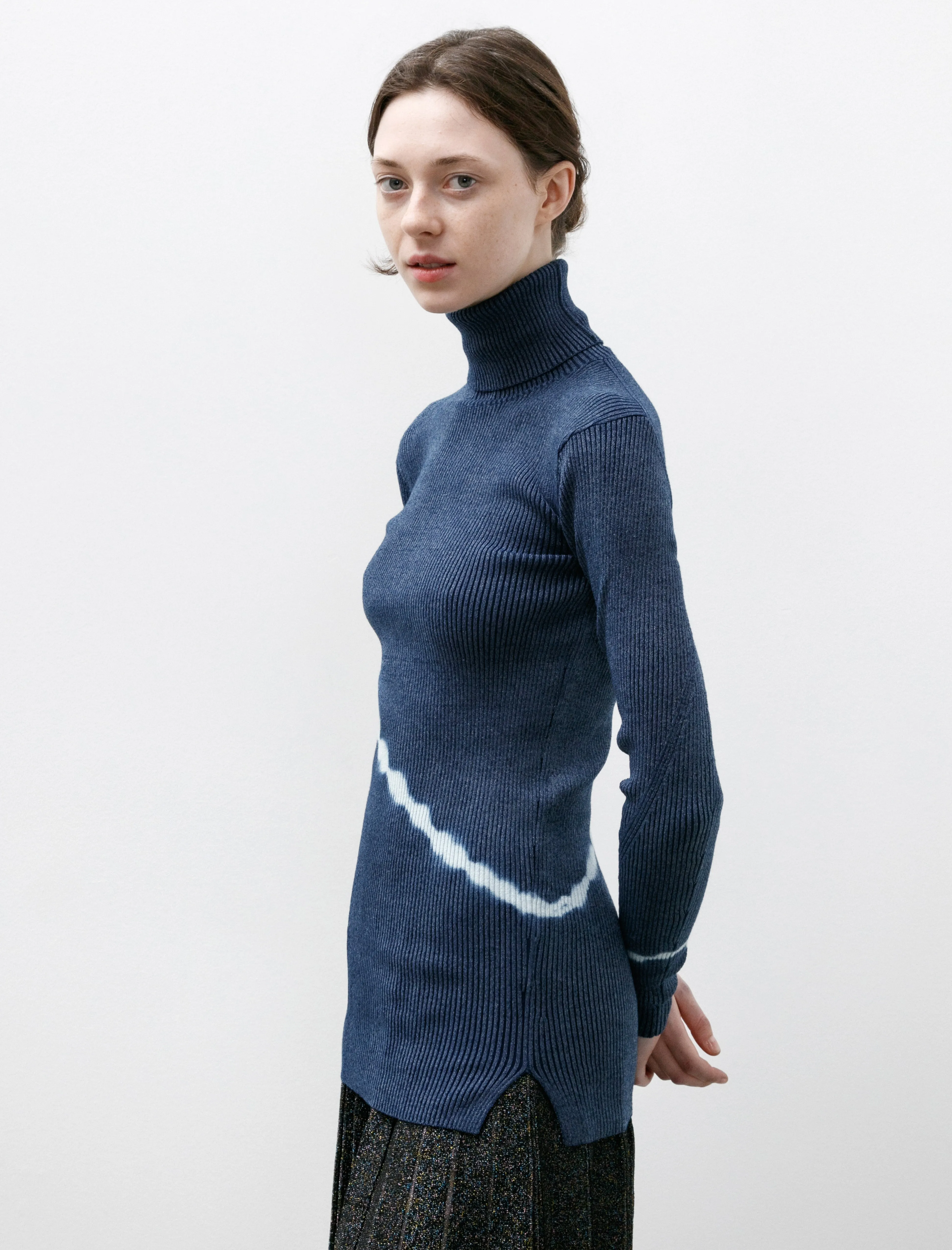 Shibori Ribbed Knit Turtleneck Indigo