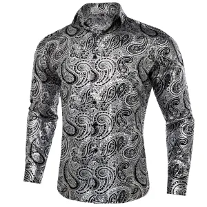 Silver Black Paisley Flower Hot Stamping Men's Long Sleeve Shirt