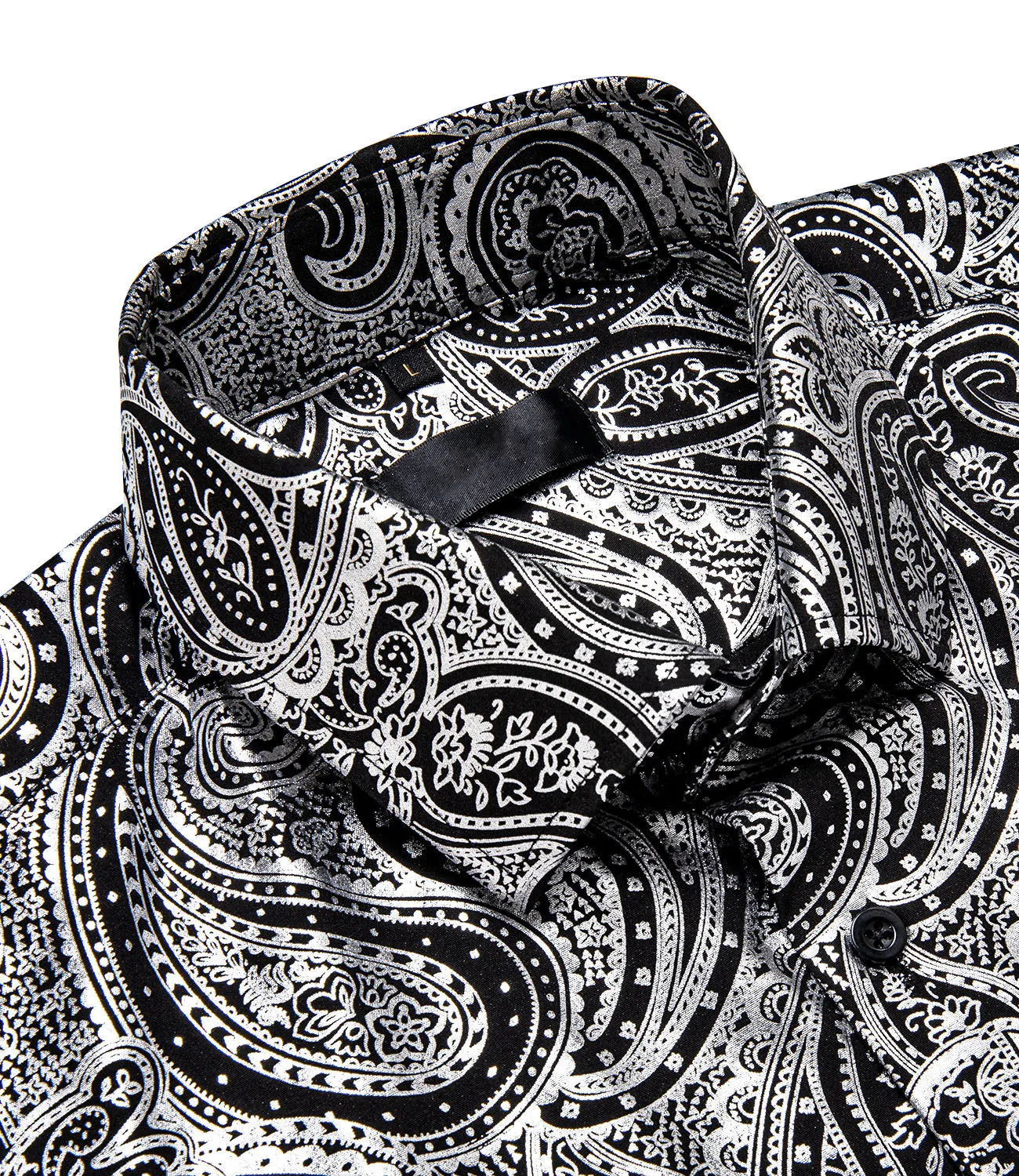 Silver Black Paisley Flower Hot Stamping Men's Long Sleeve Shirt