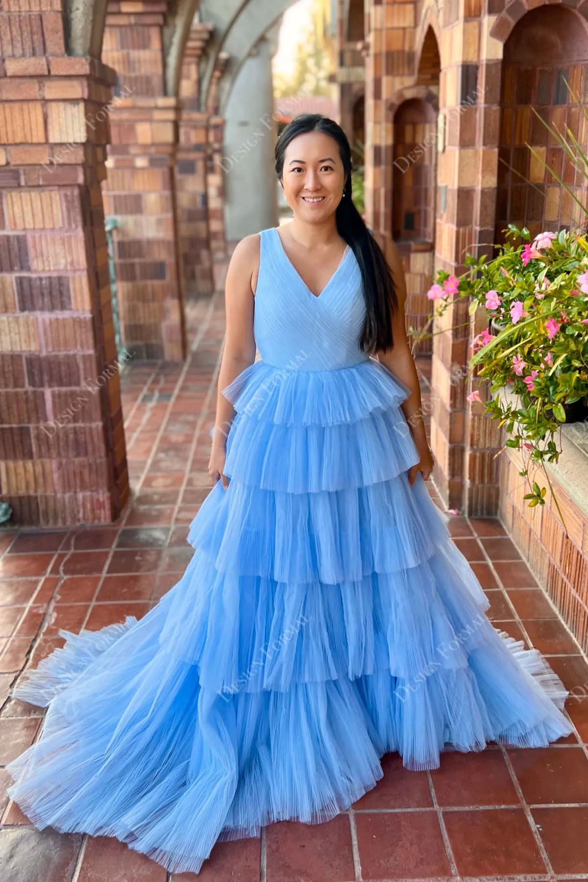 Sky Blue Ruched Tulle Princess Tiered Lily Formal Dress in Deafjourney