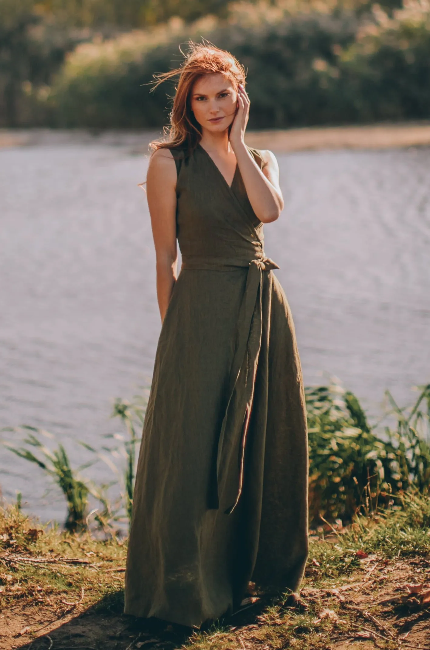 Sleeveless Linen Maxi Dress with Tie Waist