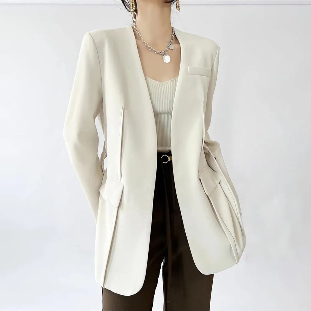 Solid Patchwork Belt Casual Trenches For Women V Neck Long Sleeve Spliced Pockets Temperament Trench Female