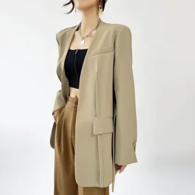 Solid Patchwork Belt Casual Trenches For Women V Neck Long Sleeve Spliced Pockets Temperament Trench Female