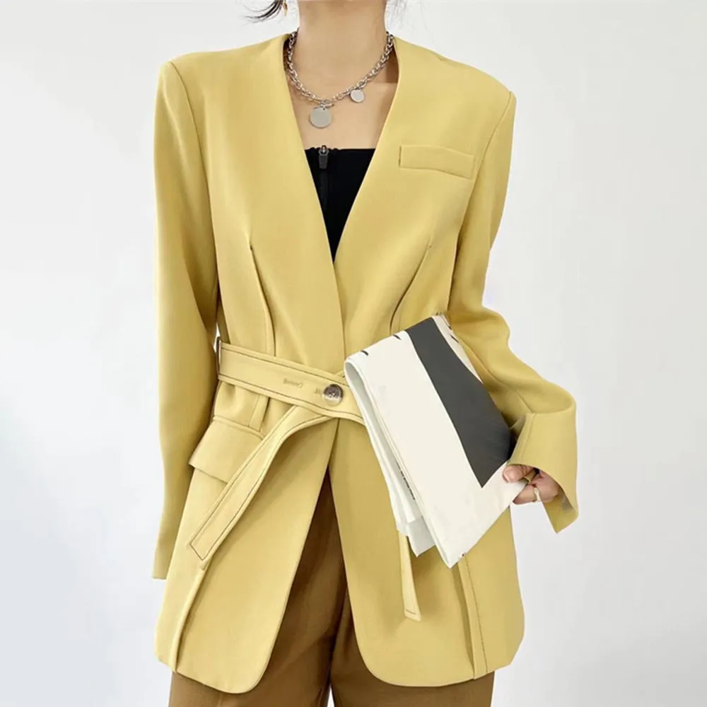 Solid Patchwork Belt Casual Trenches For Women V Neck Long Sleeve Spliced Pockets Temperament Trench Female