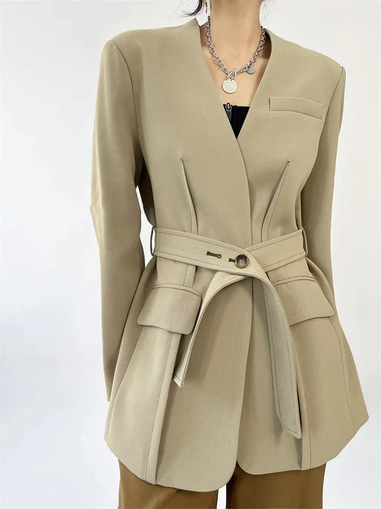 Solid Patchwork Belt Casual Trenches For Women V Neck Long Sleeve Spliced Pockets Temperament Trench Female