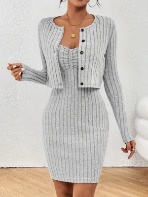 Solid Ribbed Chic Two-Piece Set - Button-Front Long Sleeve Tops & Bodycon Mini Dress - Flattering Casual Outfits for Trendy Women