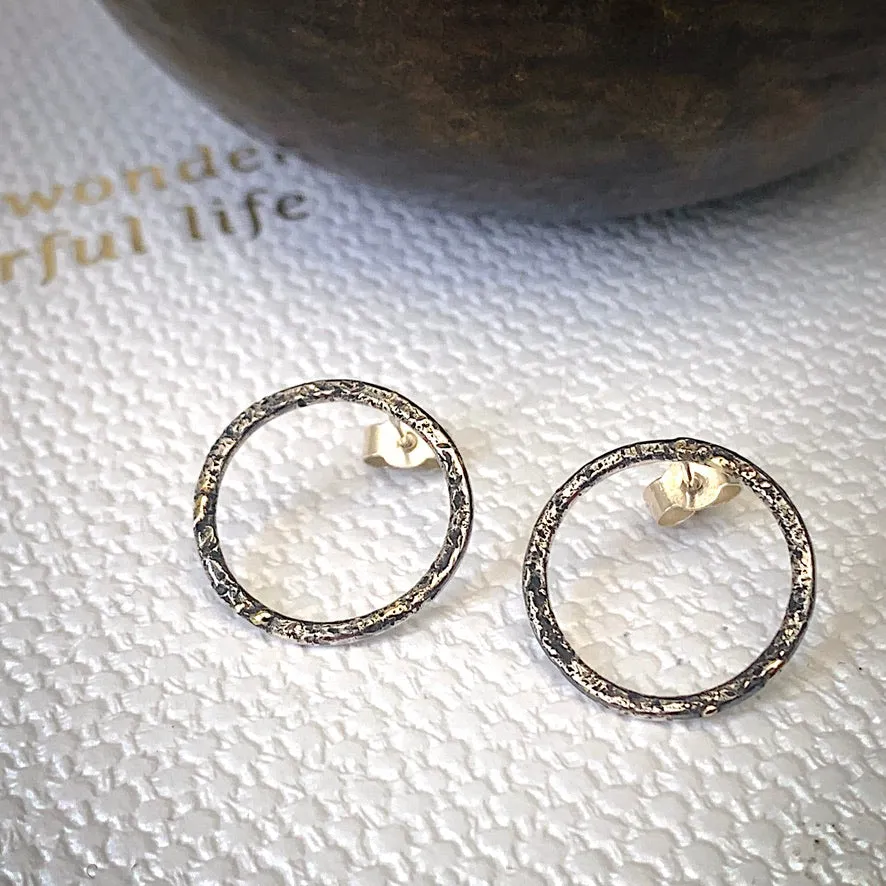 Solid sterling silver and gold circle stud earrings