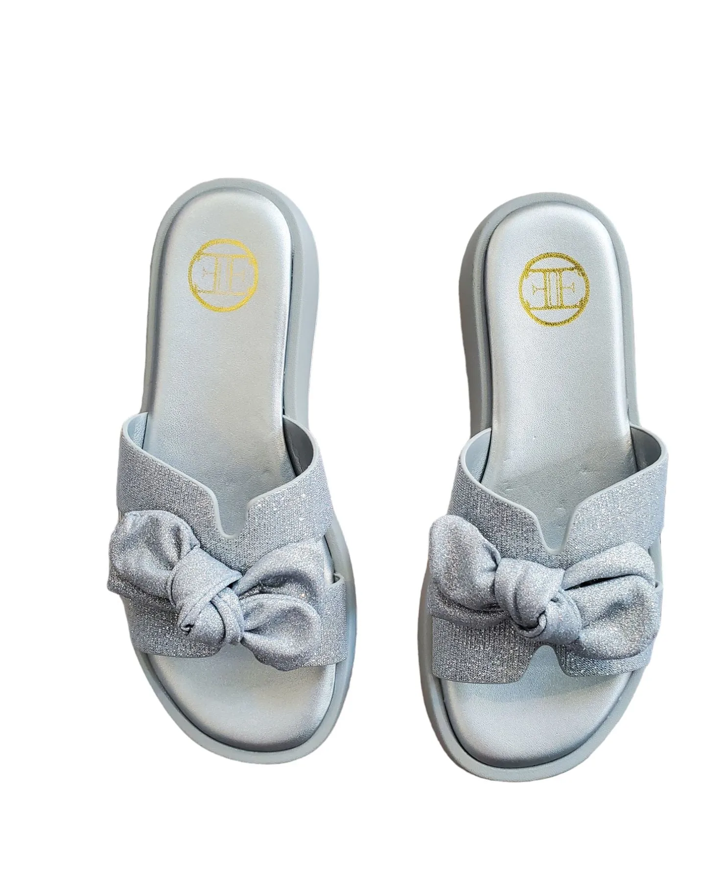 SPARKLE OPEN TOE SILVER SLIP ON WITH BOW