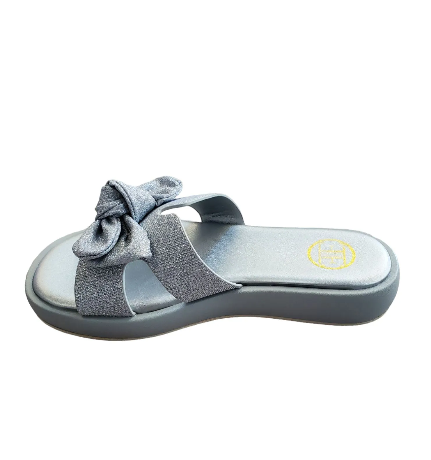 SPARKLE OPEN TOE SILVER SLIP ON WITH BOW